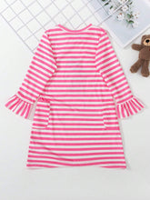 Girls Elegant Ruffle Trim 3/4 Sleeve Stripe Print Pocket Embroidered Cartoon Pattern Casual Dress, Suitable For Vacation & Travel, Spring/Summer